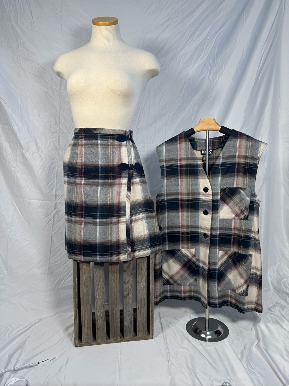 Plaid Wrap Skirt and Vest Set in Navy & Cream, NYCC